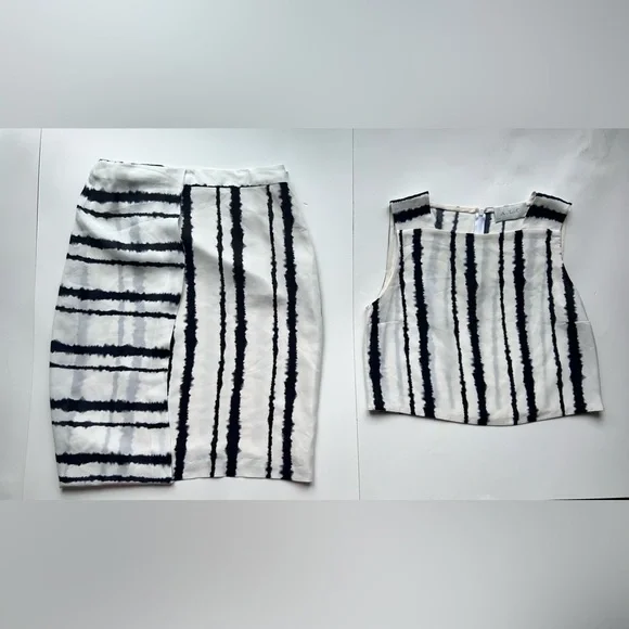 ALC silk 2 pieces set top and skirt White Black Stripe  Size 0 xs Tie Dye - Picture 2 of 10